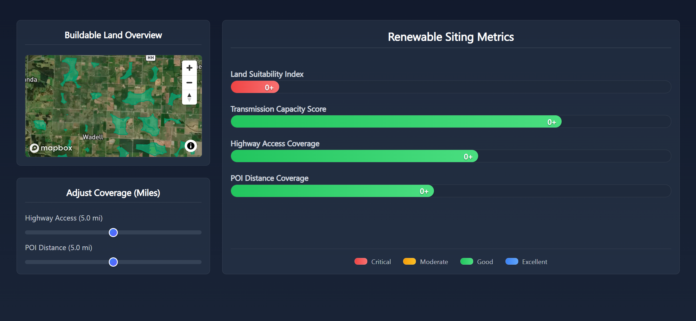 Desktop geospatial comparison preview showing renewable siting metrics